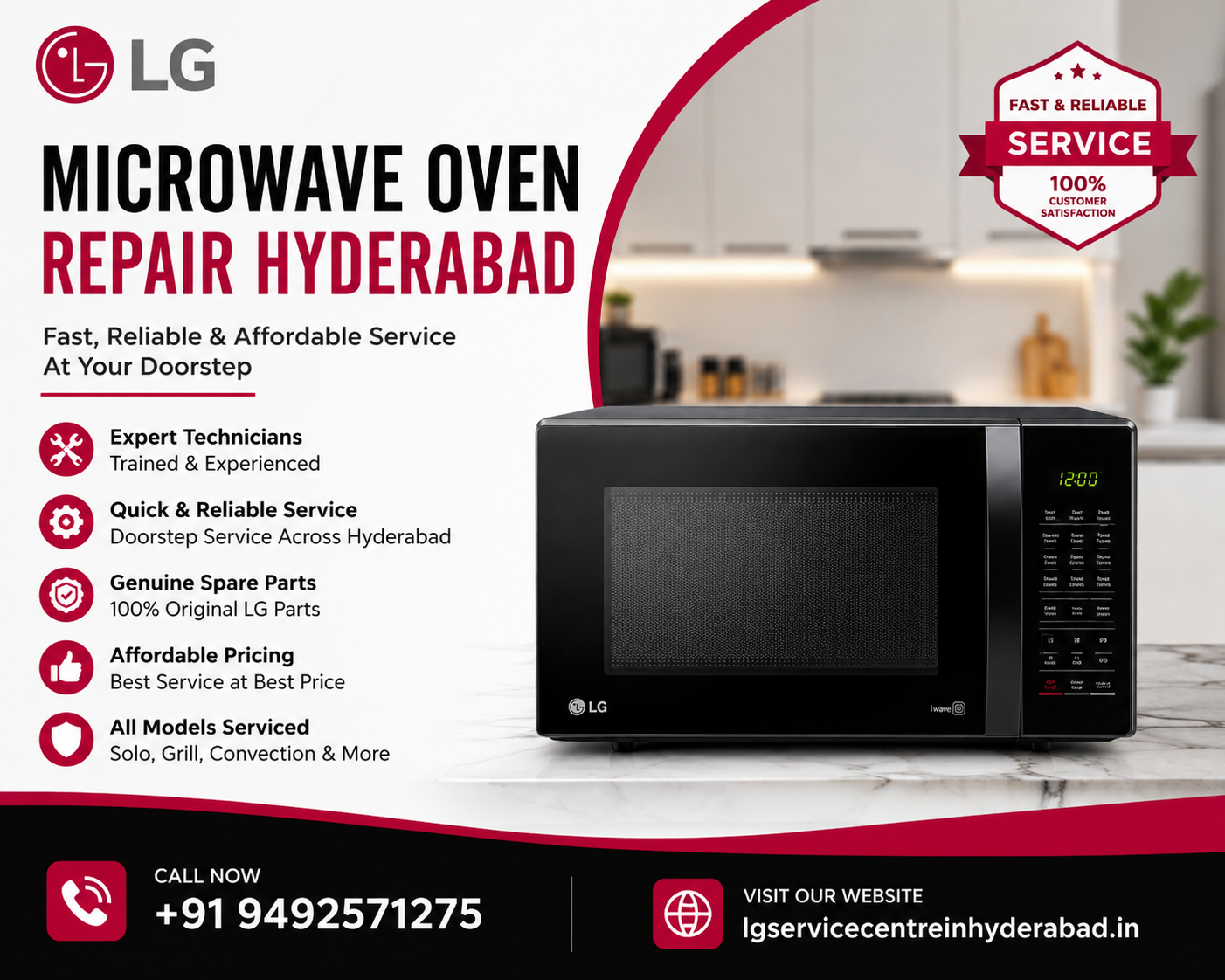 LG Microwave Oven Repair Hyderabad – Fast, Reliable Doorstep Service with Expert Technicians, Genuine Spare Parts, and Affordable Pricing. Call +91 9492571275.